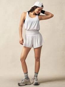 VARSIVA Women's White Knitted Sports Jumpsuit: Sleeveless Scoop Neck, Backless Semi-Sheer Short Jumpsuit For Energetic Workouts - White - View 4