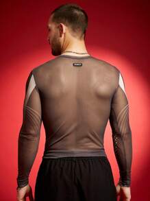 FeverCity 男士数码印花网眼长袖修身 T 恤 - 灰色 - 查看 2