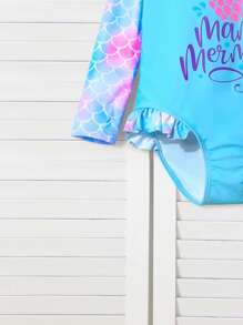 Young Girl Mermaid Letter Print Raglan Long Sleeve One-Piece Swimsuit - Multicolor - View 5