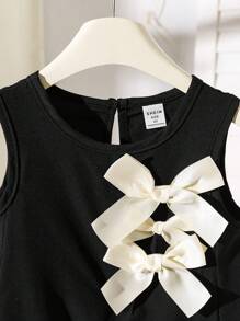 SHEIN Elladie kids Young Girls Sleeveless Elegant & Casual Bow Design Mid-Length Dress - Black - View 5