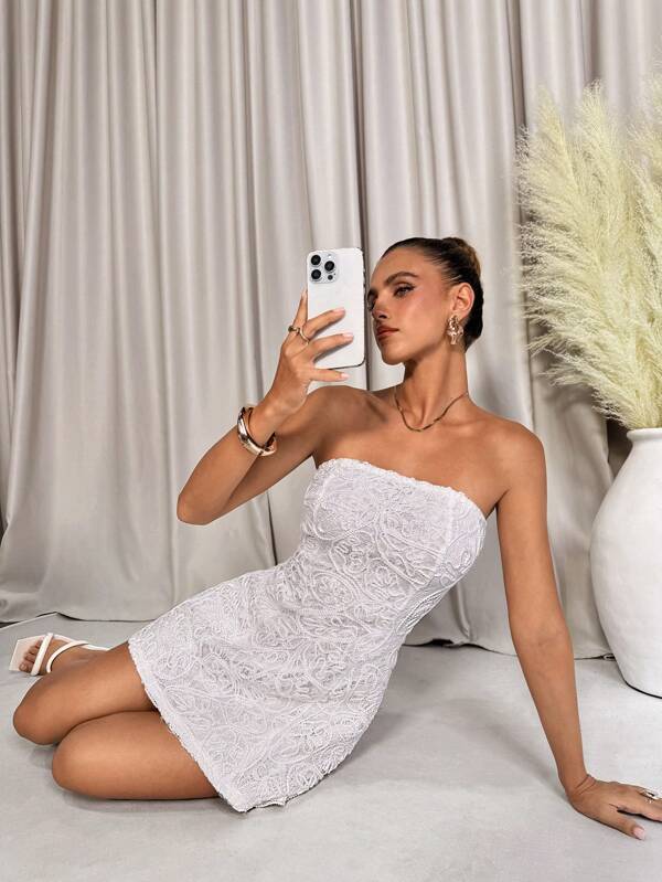 SHEIN Clasi 女士时尚蕾丝抹胸迷你连衣裙，春夏