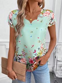 SHEIN Clasi Women's Floral Print V-Neck Ruffle Hem Short Sleeve Blouse, Spring - Mint Green - View 3