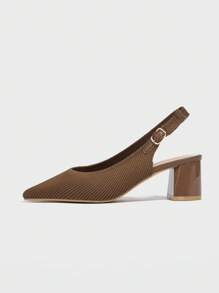 CUCCOO BASICS Women's Pointed Toe Chunky Heeled Slingback Pumps, Black Knit Fabric, Open Back Design, Breathable, Spring/Summer - Camel - View 3