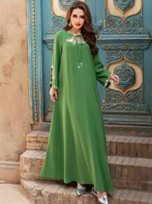 Layrah 女式系领长袖手工串珠装饰阿拉伯风格连衣裙 - 綠色 - 查看 7
