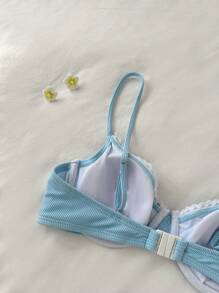 Swim Mod Women Daisy Pattern Decorative Sexy Bikini Swimsuit Set, Summer Beach - Blue and White - View 3