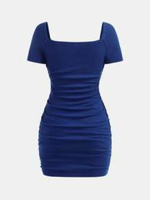 SHEIN Girlism Teengirl 亮蓝色褶皱腰身合身方领短袖休闲连衣裙，适合派对和返校穿着 - 藍色 - 查看 2