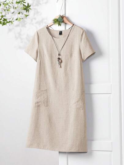 Rusticease Women Plain Round Neck Short Sleeve Pocket Straight Casual Mini Dress Dresses For Women Summer,Bohemia