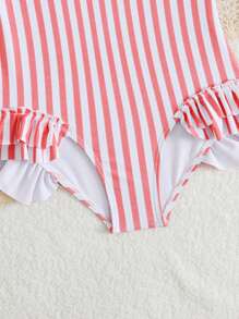 SHEIN Young Girl Striped Ruffled One-Piece Swimsuit, Vacation & Beach - Red and White - View 3
