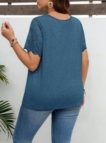 SHEIN LUNE Plus Summer Women Contrast Lace Scallop Trim Tee - Teal Blue - View 2