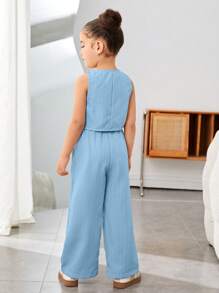 SHEIN Conjunto informal de top sin mangas y pantalones de tejido liso para niña, para primavera/verano - Azul - Ver 2