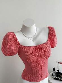 Elamini French Style Square Neck Waist Drawstring Plaid Casual Vacation Blouse Shirt Top For Women - Red and White - View 1