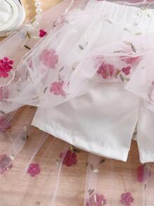 SHEIN Glamorique Kids 2 件套年轻女孩时尚可爱休闲度假风格无袖上衣和花卉网眼裙套装 - 玫紅色 - 查看 3