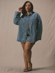 MUSERA Camisa de mezclilla con botones para talla grande, elegante para vacaciones - Azul - Ver 5