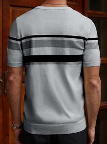 Manfinity Homme 男士条纹印花圆领休闲短袖针织上衣，夏季男士T恤上衣 - 灰色 - 查看 2