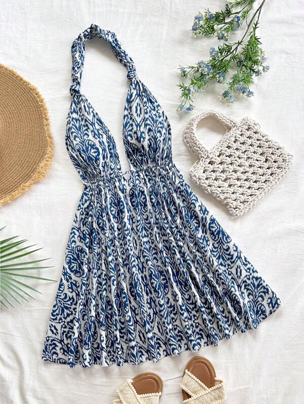 Soleia Robe mini col ras du cou à imprimé tout-sur-tout, décontractée pour les vacances des femmes