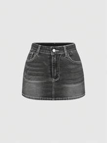 ROMWE Grunge Punk Y2K Retro Midriff-Revealing Mini Skirt With Cross & Wing Embroidery, Including Underpants (Set) - Dark Grey - View 2