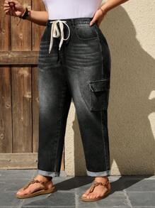 EMERY ROSE Plus Size Casual Drawstring Waist Cargo Denim Jeans - Dark Grey - View 4