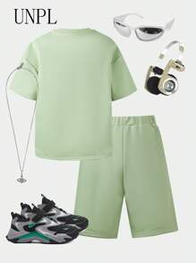 SHEIN Explorewe 2pcs/Set Tween Boys' Letter Print T-Shirt Set, Summer - Green - View 2