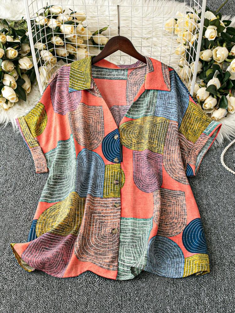 EMERY ROSE Women Plus Size Geometric Print Button Front Short Sleeve Blouse - Orange - View 1