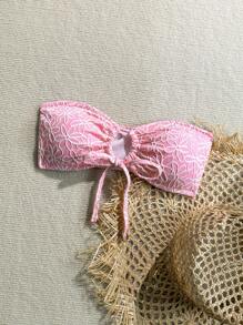 Swim Mod 2pcs Women Summer Floral Textured Spaghetti Strap Side Ruched Bikini Set, Swimwear Top