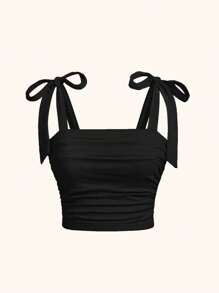SHEIN Tween Girl Elegant Solid Fitted Sweet Bow-Knot Tie Shoulder Side Ruched Cami Tank Top