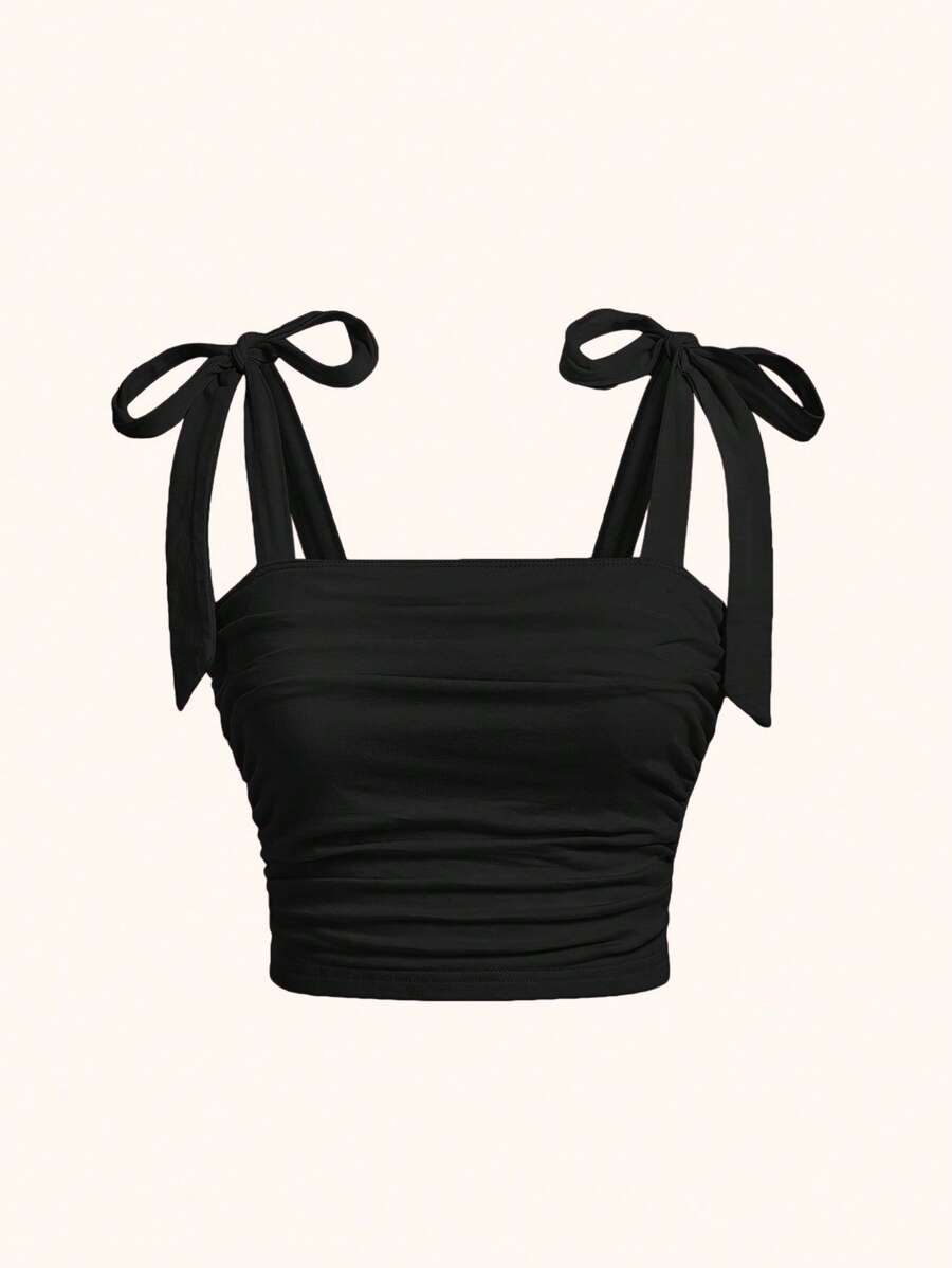 SHEIN Tween Girl Elegant Solid Fitted Sweet Bow-Knot Tie Shoulder Side Ruched Cami Tank Top