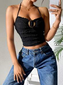 SHEIN PETITE Women's Crop Top With Ring Decor, Textured Lace-Up Back, Halter Neckline - Black - View 1