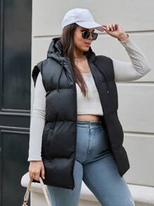 EURMUSE Plus Women's Zip Up Sleeveless Puffer Vest Coat - Black - View 1