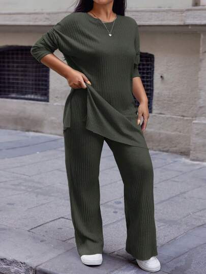 Ensemble t-shirt et pantalon en coton avec fente ourlet pour femmes grande taille