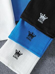 2pcs/Set Boys Crown & Letter Printed Solid Color Textured Crew Neck Short Sleeve T-Shirt And Shorts Set, 3-Piece Combo, Suitable For Summer, School, Campus, College - Multicolor - View 5