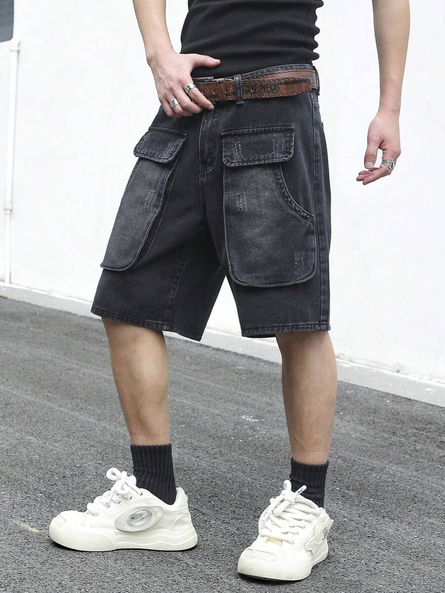 Manfinity EMRG Plus Size Men's Simple Fashion Casual Black Denim Cargo Shorts, Suitable For Summer - Black - View 1