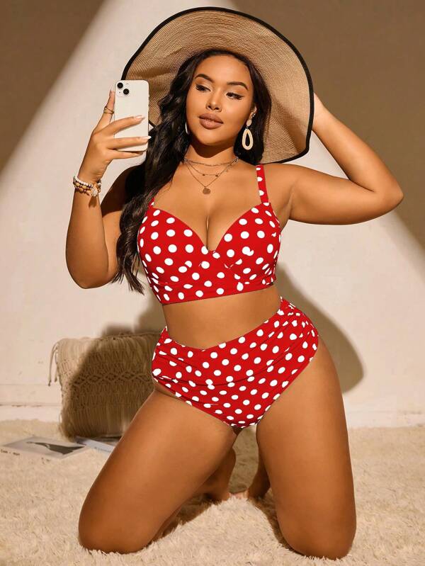 Swim Mod Conjunto de traje de baño con tirantes finos y efecto push-up, con estampado de lunares, para mujer de tallas grandes
