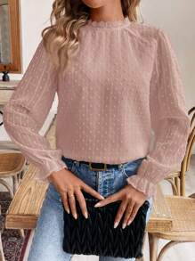 SHEIN Frenchy Swiss Dot Flounce Sleeve Lace Patchwork Fabric Patched Blouse - Pink - View 5