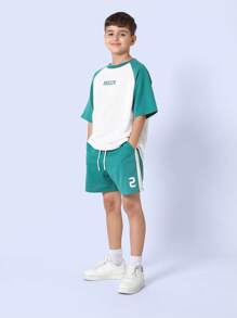 SUMWON Youth Athletic Baseball Style Raglan Set Jersey T-Shirt With Matching Shorts Summer Two-Piece Sport Training Uniform Team Set Breathable Casual Activewear