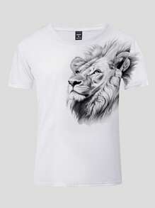 Manfinity LEGND Men's Lion Printed Round Neck T-Shirt, Men White Graphic Tee, 3d Lion Shirt, Graphic Tees - White - View 6