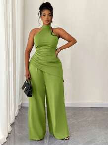 Maweii 2pcs/Set Plus Size Women Solid Color Knit Halter Asymmetrical Ruched Top And Wide Leg Pants Set