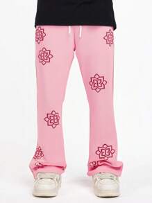 ROMWE MEN Street Life Men's Casual Floral Embroidered Drawstring Flared Sweatpants - Pink - View 3