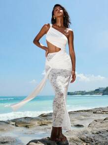 Opulessa 女士纯色针织修身抹胸连衣裙和低腰半身裙两件套 - 白色 - 查看 3