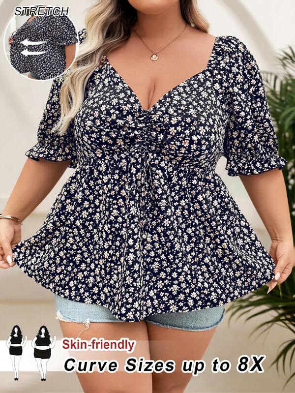 SHEIN CURVE+ Fake Plus Size Women's Bubble Sleeves, Front Chest Drawstring, Waist Cinching A, Black Floral Countryside Vacation Style Shirt, Summer Clothes, Easter Shirt, Floor Shirt Boho Vacation