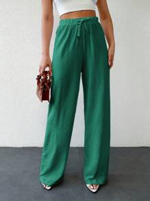 SHEIN Tall 高腰純色休閒褲，棉線打結款式，女裝 - 綠色 - 查看 5