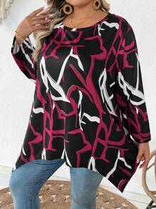SHEIN CURVE+ Camiseta suelta de manga 3/4 con cuello redondo y bajo asimétrico para mujer de talla grande, con estampados de San Valentín, rosa, corazón, lunares, amor, labios, Cupido, flores 3D