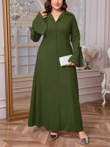 SHEIN Privé Plus Size Women's Elegant Shirt Collar V-Neck Ruffled Sleeve Bowknot Loose Dress, Comfortable Spring/Autumn, Red,Summer Outfits For Women - Army Green - View 4
