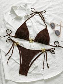 SHEIN Swim 2pcs Women Solid Color Metal Buckle Casual Vacation Bikini Set, Summer Beach - Brown - View 3
