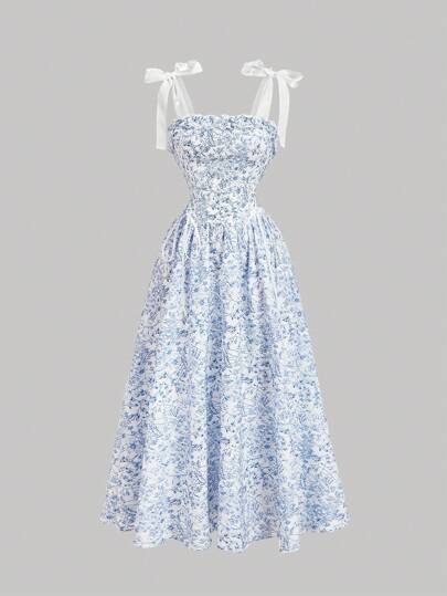 SHEIN MOD 女士春季蝴蝶结吊带花卉印花长裙、毕业礼服、女士朴素礼服、春假礼服