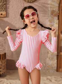 SHEIN Young Girl Striped Ruffled One-Piece Swimsuit, Vacation & Beach - Red and White - View 1