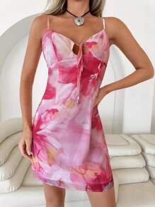 Roylia Women Strappy Mini Dress Open Back Woven Chiffon Floral Print Casual Beach Vacation Hollow-Out Drawstring Tied - Pink - View 3