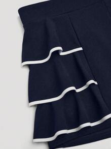SHEIN LUNE Plus Size Color-Block Ruffle Hem A-Line High Waist Elegant Shorts For Commuter - Navy Blue - View 6