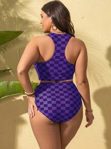 Swim Lushoire Bộ đồ bơi Tankini họa tiết caro 2 mảnh cỡ lớn dành cho nữ có đệm - Màu tím - Xem 2