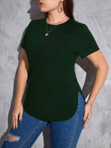 SHEIN Essnce Plus Size Solid Color Casual Crew Neck Short Sleeve T-Shirt, Summer Spring - Dark Green - View 3