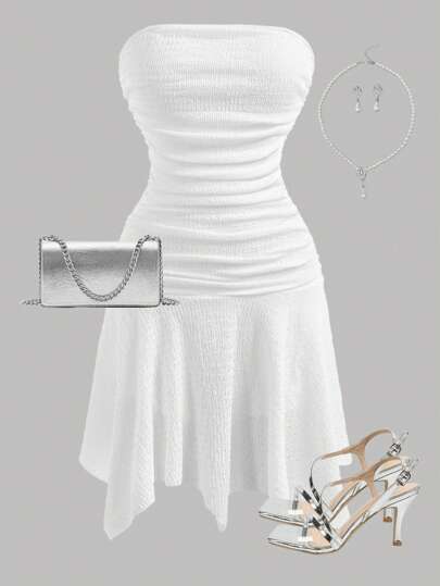 Girlism 少女白色针织网眼短款紧身褶饰不对称下摆荷叶边连衣裙，优雅年轻淑女风格，适合派对、太阳裙、度假裙、波西米亚风、波西米亚风服装、夏季短裤、海滩度假装、婚礼宾客装、音乐会、伊比沙岛、狂欢装